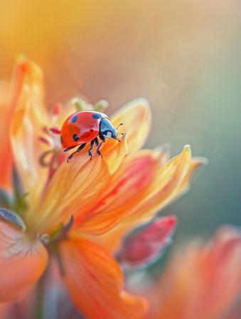 A ladybug's vibrant red-and-black shell stands out in striking contrast against the fiery, sun-drenched petals of the flower it is perched upon, creating a captivating natural sceneの素材