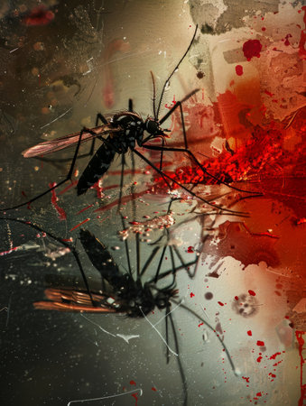 This artwork captures a mosquito in abstract form against a splattered red backdrop, blending chaos and precisionの素材