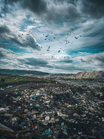 Hundreds of scavenger birds swarm over a massive landfill, circling ominously against a dark, clouded sky - a stark visual representation of human waste and environmental degradationの素材