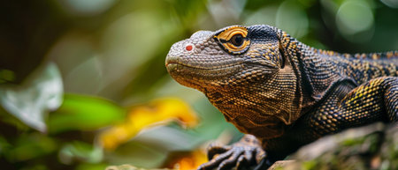 A wide-eyed lizard with ornate scales basks on a log, its sharp gaze piercing through a hazy, luminous backdrop in the wildernessの素材