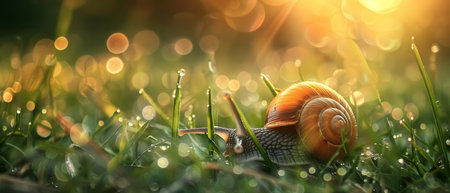 A vibrant snail shell reflects the radiant morning light, sitting amidst the shimmering droplets of dew on the blades of grass surrounding itの素材