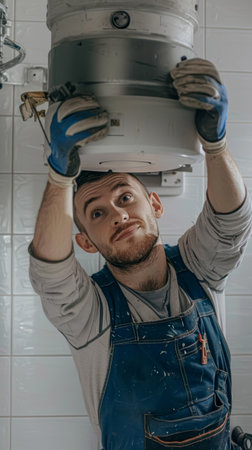 A dedicated plumber attentively working on a boiler in a clean white bathroomの素材