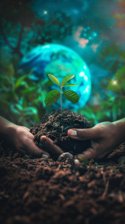 A pair of hands gently holds a mound of earth, cradling a sprouting plant, under a celestial globe, illustrating Earth's fragility and the human role in its careの素材