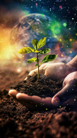 Sunlight filters through a human hand supporting a budding plant with a glowing representation of Earth in the distance, symbolizing a bright future through environmental careの素材