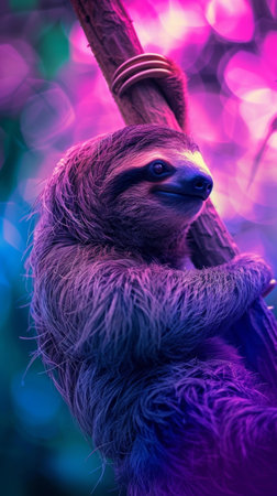 This sloth, captured against a vibrant backdrop of purple and blue hues, clings to a branch in its natural habitatの素材