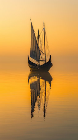 A single sailboat stands against a gradient golden backdrop, its form reflected in the still water belowの素材