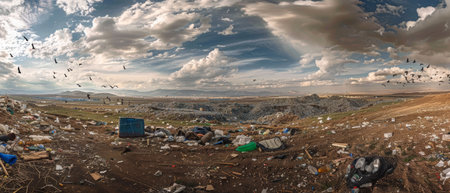 A wide-angle panoramic image showcasing an extensive landfill site filled to the brim with heaps of discarded objects, waste, and debris, casting a bleak and unsettling landscape under a cloudy skyの素材