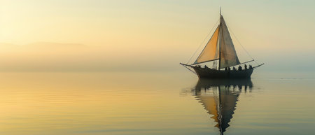 A lone sailing vessel stands out against the hazy, golden-hued sky at dusk, its reflection rippling across the calm waters, evoking a sense of solitude and wonderの素材