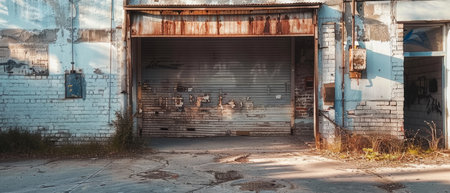 A dilapidated industrial entrance with rusted, peeling doors and chipped, graffiti-covered walls, conveying a sense of abandonment and decayの素材