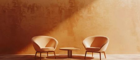 Two upholstered armchairs and a small round table sit in a warm, sunlit space, creating an inviting and serene lounge settingの素材