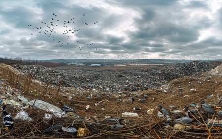 An aerial panorama showcasing the overwhelming scale of a massive landfill site, with piles of discarded waste and debris stretching out as far as the eye can see, creating a bleakの素材