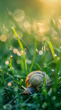 Glistening water droplets cling to the lush green blades of grass, catching the warm, golden light of the sun and creating a mesmerizing, ethereal sceneの素材