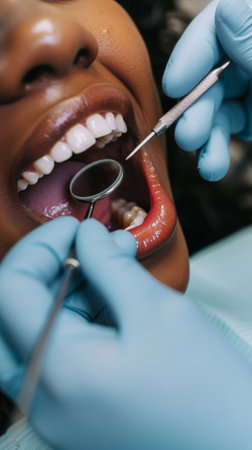 An in-depth view of a dental examination in progress, featuring the inside of a patient mouth and dentist precise handiworkの素材