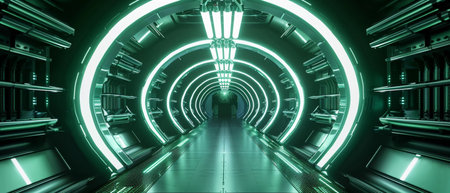Sci Fi Tunnel on the Alien Spaceship. Glowing Metal Corridor with Cinematic Neon and Fluorescent Lights - shallow detail focus. 3D Rendering Futuristic Construction Space for Wallpaper and Backgroundの素材