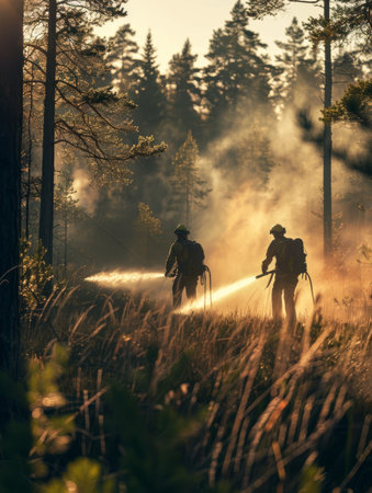 Firefighters with hoses are shrouded in smoke while managing a forest fire, with rays of sunlight piercing the hazeの素材