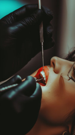 A dentist performs an oral examination on a patient using a dental probe and mirror, focusing on the teeth and gumsの素材