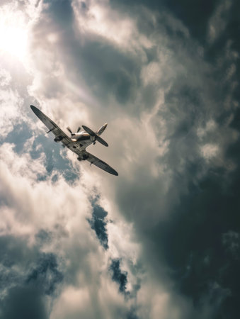 The majestic flight of an aircraft ascending into a dramatic cloudscape, illuminated by sunbeamsの素材