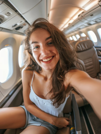 A woman with a friendly smile sits comfortably in an airplane's aisle seat, capturing the ease of travelの素材