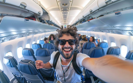 A curly-haired man with sunglasses gives a thumbs up while taking a selfie on an airplane, exuding a travel-ready spiritの素材