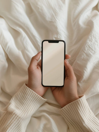 A person's hand holds a smartphone with a blank white screen, set against a soft, calming background of wispy floral branches, creating a tranquil and soothing visual compositionの素材