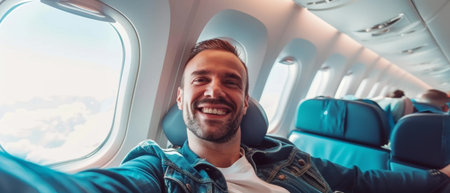 A man with a bright smile and denim jacket enjoys his flight, taking a selfie next to the airplane window with clouds in viewの素材