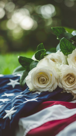 A close-up of white roses on the American flag serves as a poignant symbol of remembrance and peace on Memorial Dayの素材