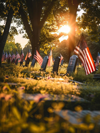 Rows of American flags flutter proudly amidst the gravestones of a memorial site, a poignant tribute to the brave men and women who gave their lives in service to their countryの素材