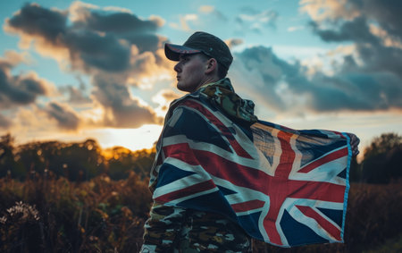 At dusk, a soldier's silhouette is draped in the Union Jack, evoking the spirit of remembrance and prideの素材