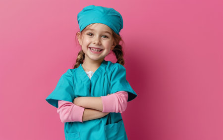A joyful young girl in a turquoise medical uniform and glasses smiles brightly, radiating enthusiasm and a passion for healthcare as a future medical professionalの素材