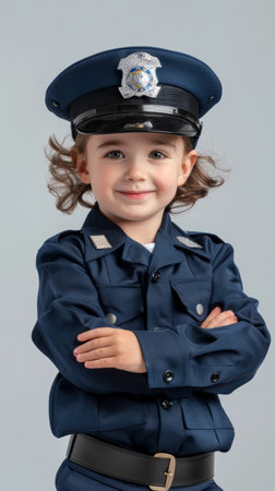 A curly-haired young girl poses proudly in a police uniform, her eyes sparkling with excitement on a plain backgroundの素材