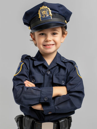 A cheerful young boy dressed as a police officer, complete with a cap and badges, flashes a warm smile while standing confidently with his arms crossedの素材