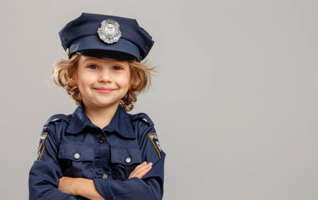 A young girl confidently poses in a police uniform, her curly hair framing her smiling face as she stands with her arms crossed, embodying the pride and responsibility of serving the communityの素材