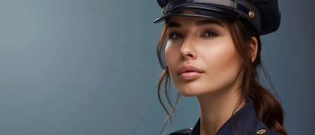 Striking portrait of a young female police officer with braided hair, wearing a dark uniform and cap, gazing intently with a serious expressionの素材