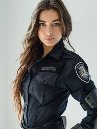 A commanding female police officer projects an aura of authority and vigilance, her focused expression and rigid posture communicating a sense of unwavering commitment to dutyの素材
