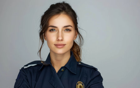 A close-up of a policewoman with a gentle expression, against a muted backdropの素材