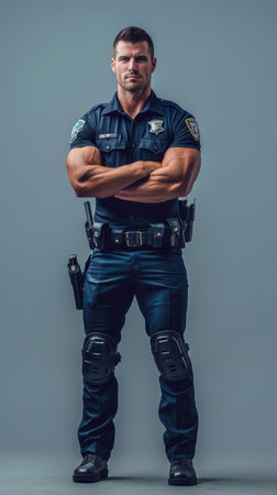 Confident male policeman standing with a strong and assertive posture, fully equippedの素材