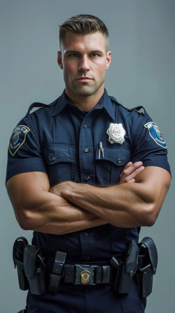 A commanding male officer in uniform with folded arms and an assertive lookの素材