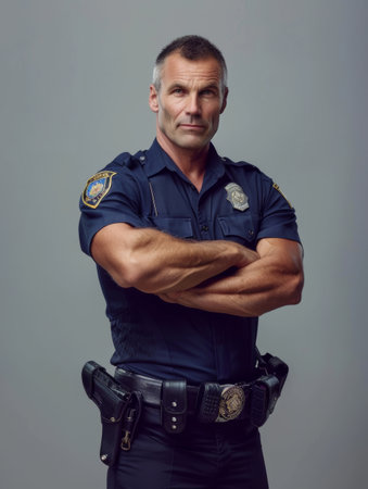 Serious-looking male police officer in full uniform, with a stern yet confident expression, conveying a sense of authority and disciplineの素材