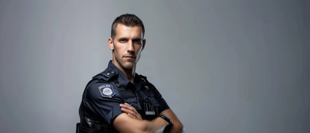 A serious-looking police officer in uniform, with arms crossed, standing in a calm and authoritative pose against a plain backgroundの素材