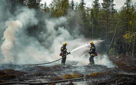 Two firefighters in full gear use high-pressure hoses to extinguish a forest fire, standing amidst thick white smokeの素材