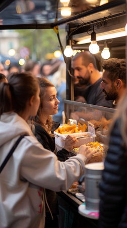 A group of friends sharing a street food meal from a food truck, with a vibrant city atmosphereの素材