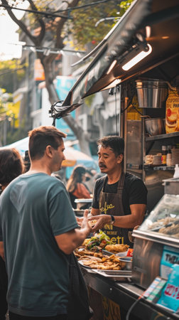 A vendor serves fresh street food to customers at a busy food truck in an urban settingの素材