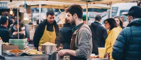 An evening view of a busy food stall with a vendor serving customers in a market settingの素材