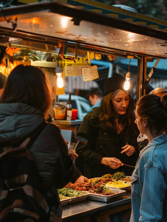 Patrons engaged in selecting their favorite dishes at a bustling night market food stallの素材