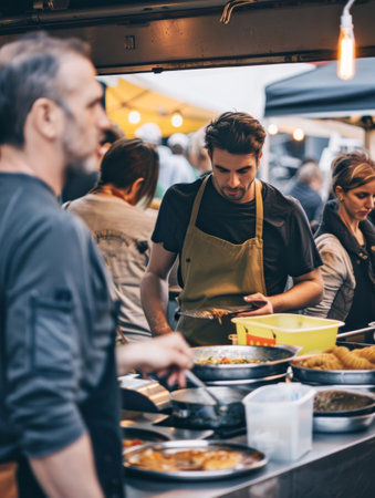 A vendor diligently preparing a variety of dishes at a food stall with evening shoppers aroundの素材
