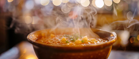 A hot bowl of soup, full of rich ingredients, offers a comforting meal in a warm cafe ambianceの素材
