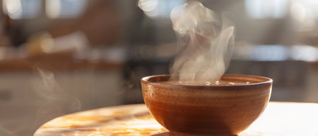 A hot cup on a wooden surface emits wispy steam into the golden glow of a sunset, evoking a peaceful end to the dayの素材