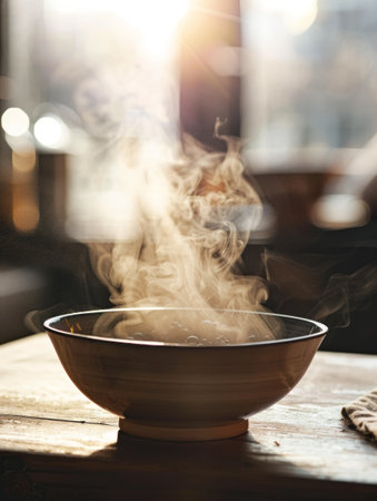 A beam of sunlight highlights a bowl of warm soup, with steam swirling above, creating an inviting and appetizing imageの素材