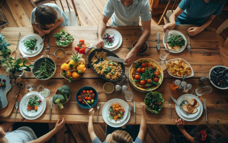 An overhead shot captures a family meal in progress, featuring a feast of colorful, healthy dishes spread out on a rustic wooden tableの素材