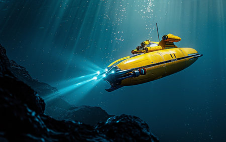 A futuristic yellow submarine-like exploration vessel glides through the dark, mysterious depths of the ocean, illuminated by its powerful searchlights and surrounded by a swirling vortex of bubblesの素材